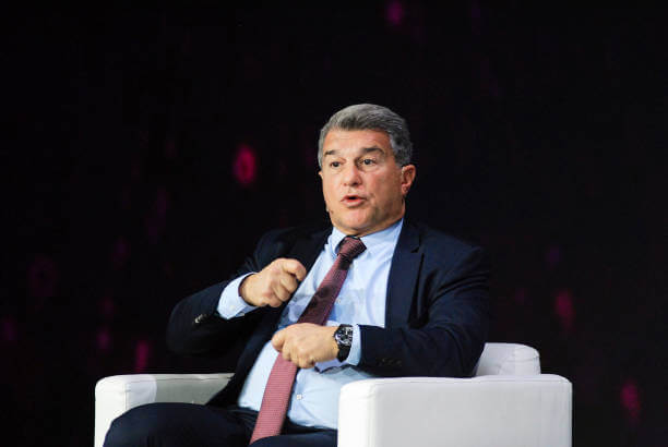 Joan Laporta president of the FC Barcelona, speaking during the Opening day of Mobile World Congress (MWC) Barcelona, on February 28, 2022.