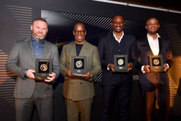 Wayne Rooney, Ian Wright, Patrick Vieira and Vincent Kompany receive Premier League Hall of Fame medallions during the Premier League Hall of Fame 2022 on April 21, 2022.
