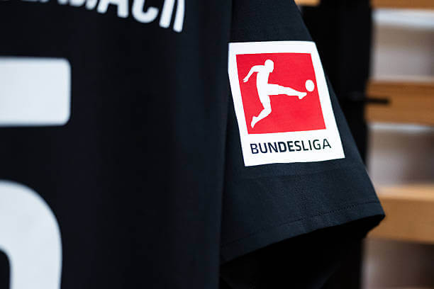What is top flight football: A detailed view of the Bundesliga logo before a Bundesliga match.