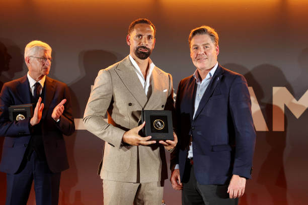 Premier League Hall of Fame: Rio Ferdinand is presented with his Premier League Hall of Fame medallion by Richard Masters, Chief Executive Officer of the Premier League during a Premier League Hall of Fame event.