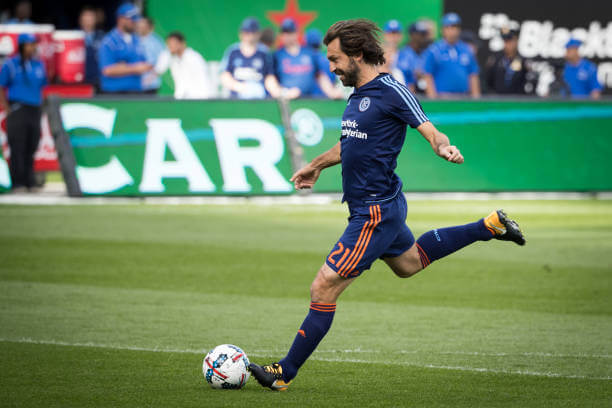 Top 10 Players to have played in the MLS: Andrea Pirlo in action for NYCFC during an MLS game.