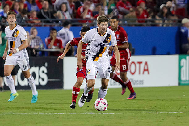 Top 10 Players to have played in the MLS: Steven Gerrard in action for Los Angeles Galaxy during an MLS game.