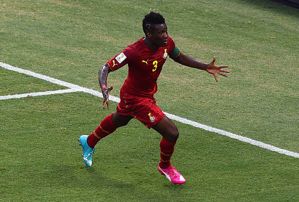 Top records set by Asamoah Gyan: Asamoah Gyan celebrates his goal during the 2014 FIFA World Cup Brazil Group G match between Germany and Ghana at Castelao on June 21, 2014.