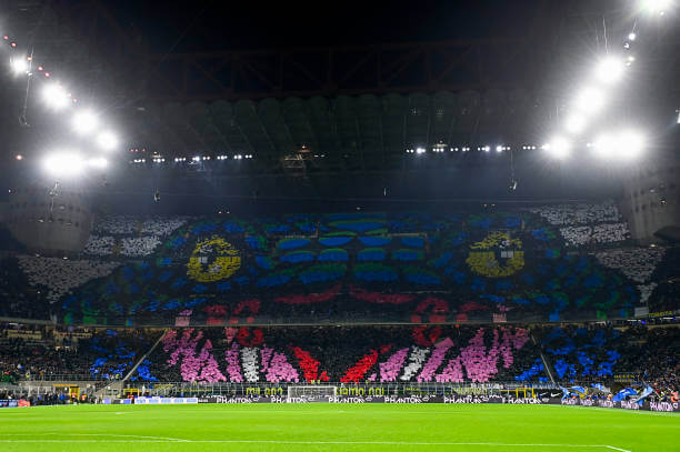 Top derbies in football: Fans of Inter in sector 'Curva Nord' display a giant tifo prior to the Derby della Madonnina.