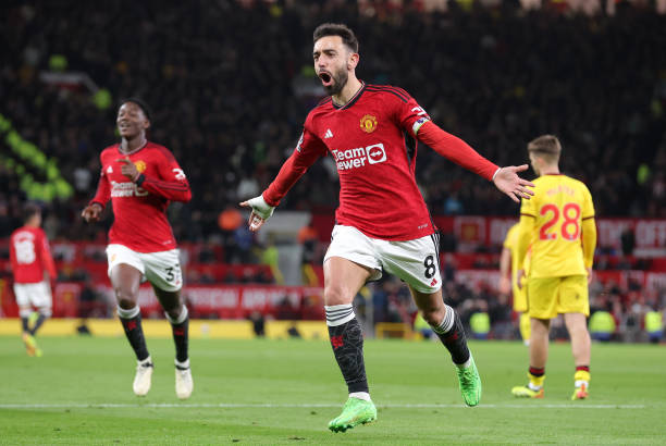 Bruno Fernandes celebrates after scoring during the Premier League match between Manchester United and Sheffield United at Old Trafford.