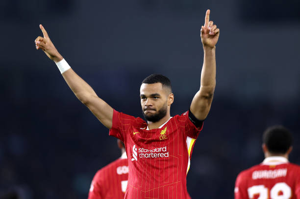 Carabao Cup Roundup, Fourth Round: Cody Gakpo celebrates after scoring during the Carabao Cup Fourth Round match between Brighton and Liverpool at the Amex Stadium on October 30, 2024.