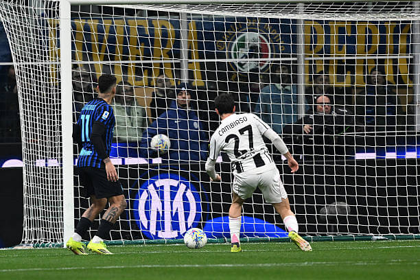 Inter vs Juventus Review: Andrea Cambiaso scores during the Serie A match between Inter and Juventus at the Giuseppe Meazza on February 14, 2026.