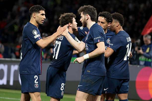 Champions League Roundup, Playoff Round: PSG players celebrate during the UEFA Champions League 2025/26 League Knockout Play-off Second Leg football match between PSG and Monaco at Parc des Princes stadium on February 25, 2026.
