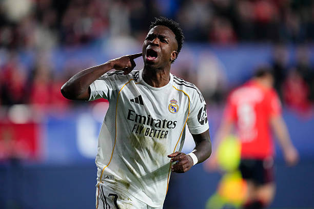 Osasuna vs Real Madrid Review: Vinicius Junior celebrates his goal during the La Liga match between Osasuna and Real Madrid at El Sadar on February 21, 2026.