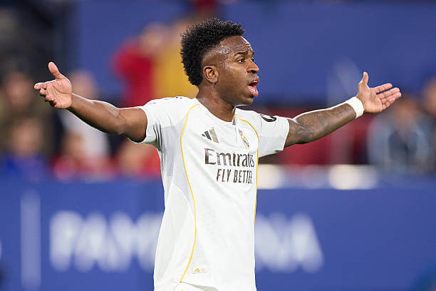 Osasuna vs Real Madrid Review: Vinicius Junior reacts during the La Liga match between Osasuna and Real Madrid at El Sadar on February 21, 2026.