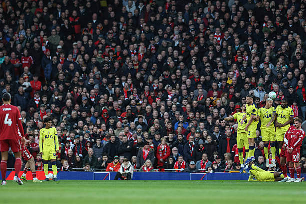 Liverpool vs Tottenham Review: Dominik Szoboszlai scores a free kick during the Premier League match between Liverpool and Tottenham at Anfield on March 15, 2026.