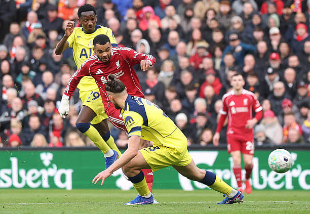 Liverpool vs Tottenham Review: Cody Gakpo attempts a shot at goal during the Premier League match between Liverpool and Tottenham at Anfield on March 15, 2026.