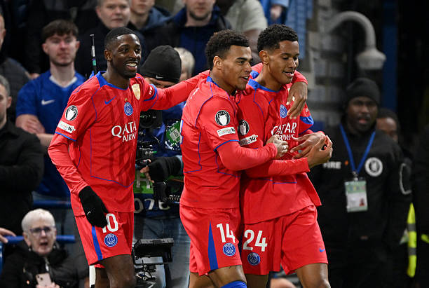Chelsea vs PSG Review: Senny Mayulu celebrates his goal with his teammates during the UEFA Champions League 2025/26 Round of 16 Second Leg match between Chelsea and PSG at Stamford Bridge on March 17, 2026.