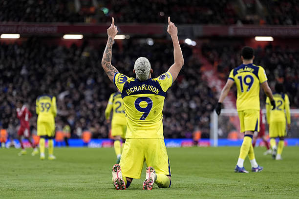 Liverpool vs Tottenham Review: Richarlison celebrates during the Premier League match between Liverpool and Tottenham at Anfield on March 15, 2026.