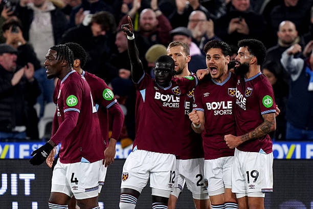 West Ham vs Manchester City Review: West Ham players celebrate during the Premier League football match between West Ham and Manchester City at the London Stadium on March 14, 2026.