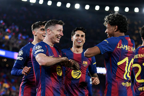 Champions League Roundup, Round of 16: Robert Lewandowski celebrates his goal with Lamine Yamal during the UEFA Champions League round of 16 match between Barcelona and Newcastle at the Camp Nou on March 18, 2026.