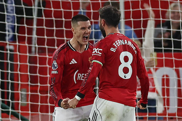 Manchester United vs Brentford Review: Benjamin Sesko celebrates his goal with Bruno Fernandes during the Premier League match between Manchester United and Brentford at Old Trafford on April 27, 2026.