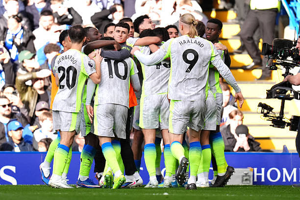 Chelsea vs Manchester City Review: Manchester City players celebrate during the Premier League match between Chelsea and Manchester City at Stamford Bridge on April 12, 2026.