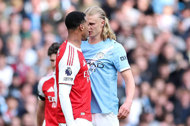Manchester City vs Arsenal Review: Gabriel clashes with Erling Haaland during the Premier League match between Manchester City and Arsenal at the Etihad Stadium on April 19, 2026.