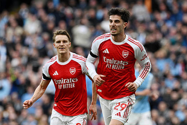 Manchester City vs Arsenal Review: Kai Havertz celebrates his goal during the Premier League match between Manchester City and Arsenal at the Etihad Stadium on April 19, 2026.