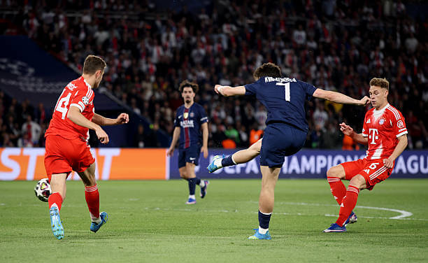 PSG vs Bayern Munich Review: Khvicha Kvaratskhelia scores his first goal of the game during the UEFA Champions League 2025/26 Semi Final First Leg match between PSG and Bayern Munich at Parc des Princes on April 28, 2026.