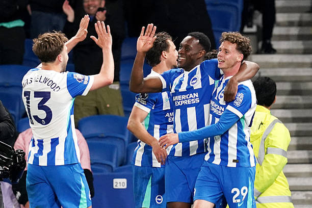 Brighton vs Chelsea Review: Danny Welbeck celebrates his goal with his with teammates during the Premier League match between Brighton and Chelsea at the Amex Stadium on April 21, 2026.