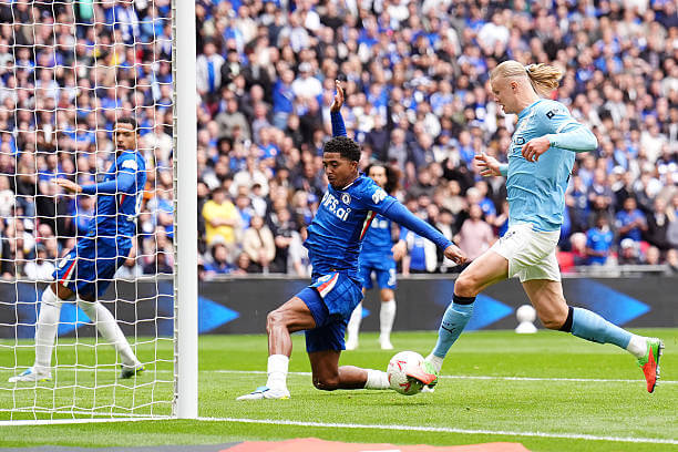 Chelsea vs Manchester City Review: Erling Haaland scores a goal that was later ruled out for offside during the Emirates FA Cup Final match between Chelsea and Manchester City at Wembley on May 16, 2026.
