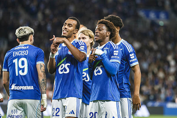 Ligue 1 Roundup, Matchday 34: Martial Godo celebrates his goal during the Ligue 1 match between Strasbourg and Monaco at Stade de la Meinau on May 17, 2026.