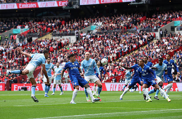Chelsea vs Manchester City Review: Rodri heads the ball into the box during the Emirates FA Cup Final match between Chelsea and Manchester City at Wembley on May 16, 2026.