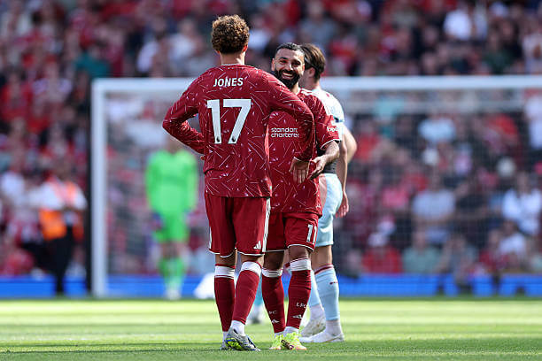 Premier League Roundup, Matchday 38: Curtis Jones celebrates his goal with Mohamed Salah during the Premier League match between Liverpool and Brentford at Anfield on May 24, 2026.