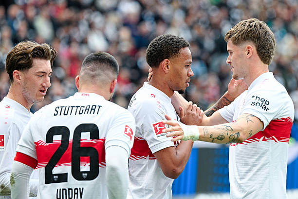 Bundesliga Roundup, Matchday 34: Stuttgart players celebrate during the Bundesliga match between Frankfurt and Stuttgart at Deutsche Bank Park on May 16, 2026.