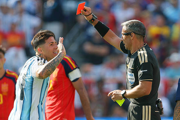 Spain vs Argentina Review: Enzo Fernandez is shown a Red card and sent off by referee Slavko Vincic during the FIFA World Cup 2026 Final match between Spain and Argentina at New York New Jersey Stadium on July 19, 2026.
