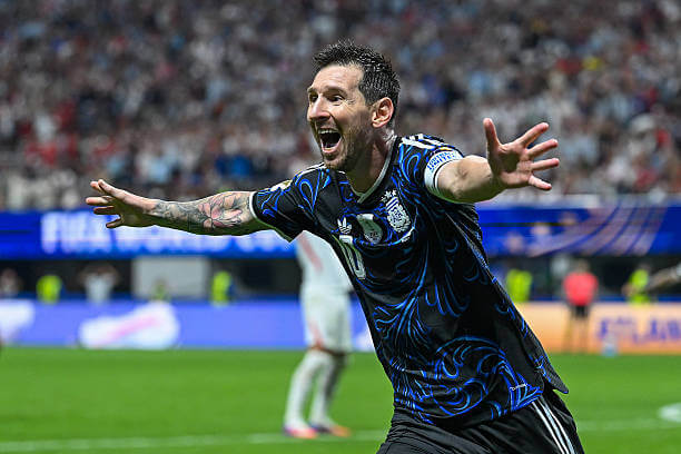 2026 FIFA World Cup Roundup, Semifinals: Lionel Messi celebrates the team's second goal by Lautaro Martinez during the FIFA World Cup 2026 Semi Final match between England and Argentina at Atlanta Stadium on July 15, 2026.