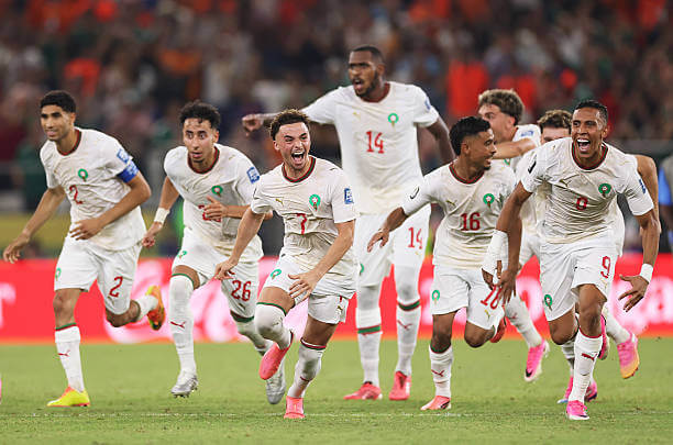 2026 FIFA World Cup Roundup, Round of 32: Players of Morocco dash as Ismael Saibari scores the winning penalty during the penalty in the FIFA World Cup 2026 Round of 32 match between Netherlands and Morocco at Monterrey Stadium on June 29, 2026.