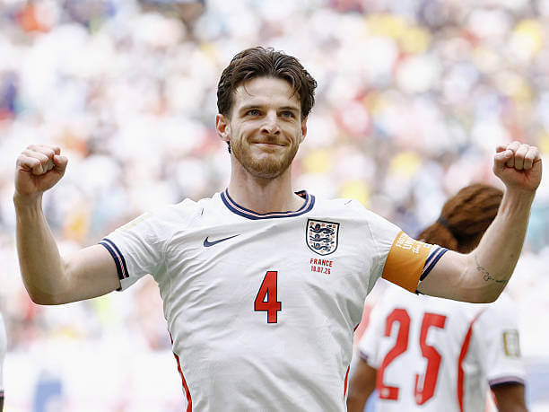 France vs England Review: Declan Rice celebrates his goal during the FIFA World Cup 2026 Bronze Final between France and England at Miami Stadium on July 18, 2026.