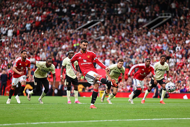 Manchester United vs Ipswich Review: Bruno Fernandes scores his second goal of the game from the penalty spot during the Premier League 2026/27 match between Manchester United and Ipswich Town at Old Trafford on August 30, 2026.