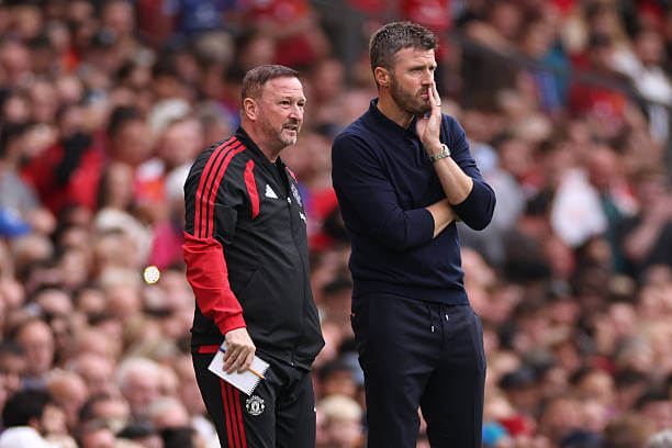 Manchester United vs Ipswich Review: Michael Carrick interacts with assistant Steve Holland during the Premier League 2026/27 match between Manchester United and Ipswich Town at Old Trafford on August 30, 2026.