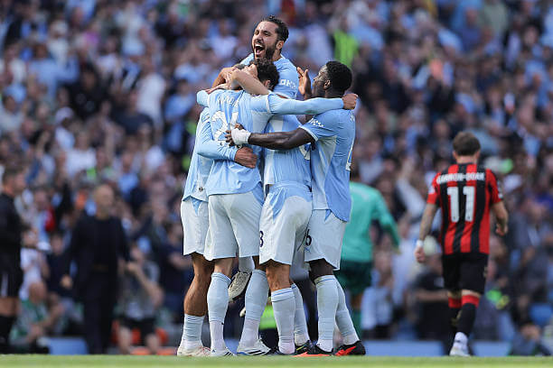 Manchester City vs Bournemouth Review: Josko Gvardiol is mobbed by teammates after a VAR check confirming their side's second goal during the Premier League 2026/27 match between Manchester City and AFC Bournemouth at the Etihad Stadium on August 23, 2026.
