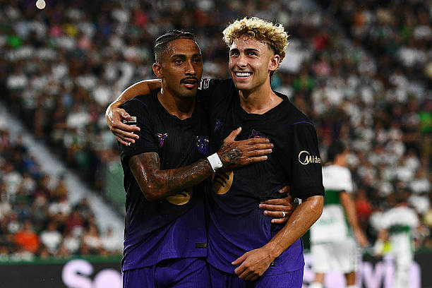 Elche vs Barcelona Review: Raphinha and Fermin Lopez celebrate during the LaLiga 2026/27 match between Elche and Barcelona at the Estadio Manuel Martinez Valero on August 23, 2026.