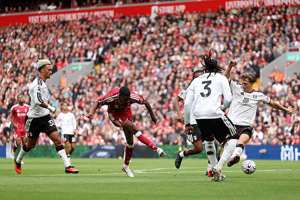 Liverpool vs Fulham Review: Alexander Isak shoots whiles under pressure from Antonee Robinson during the Premier League 2026/27 match between Liverpool and Fulham at Anfield on September 12, 2026.