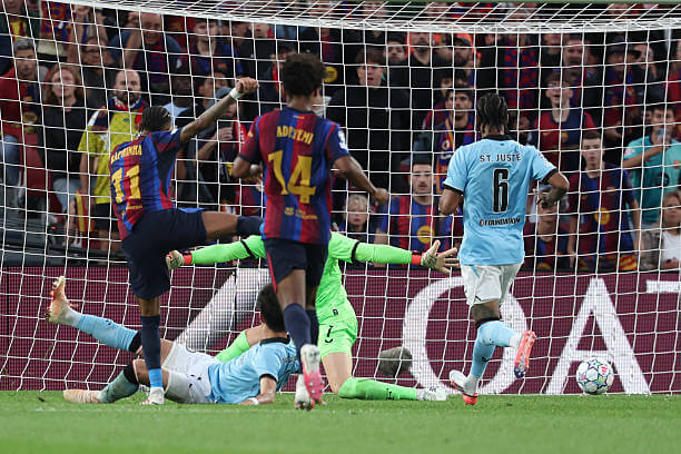 Barcelona vs Feyenoord Review: Raphinha scores his second goal during the UEFA Champions League 2026/27 League Phase MD1 match between Barcelona and Feyenoord at Camp Nou on September 09, 2026.