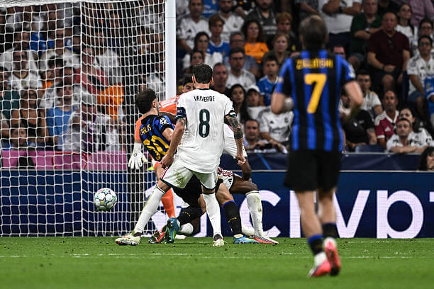 Real Madrid vs Inter Review: Carlos Augusto scores during the UEFA Champions League 2026/27 League Phase MD1 match between Real Madrid and Inter at the Berabeu on September 08, 2026.