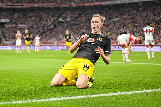 Bundesliga Roundup, Matchday 4: Maximilian Beier celebrates his goal during the Bundesliga 2026/27 match between Stuttgart and Dortmund at MHPArena on September 19, 2026.