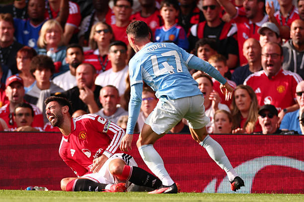 Manchester United vs Manchester City Review: Phil Foden injures Bruno Fernandes during the Premier League 2026/27 match between Manchester United and Manchester City at Old Trafford on September 13, 2026.