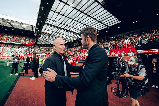 Manchester United vs Manchester City Review: Michael Carrick greets Enzo Maresca ahead of the Premier League 2026/27 match between Manchester United and Manchester City at Old Trafford on September 13, 2026.