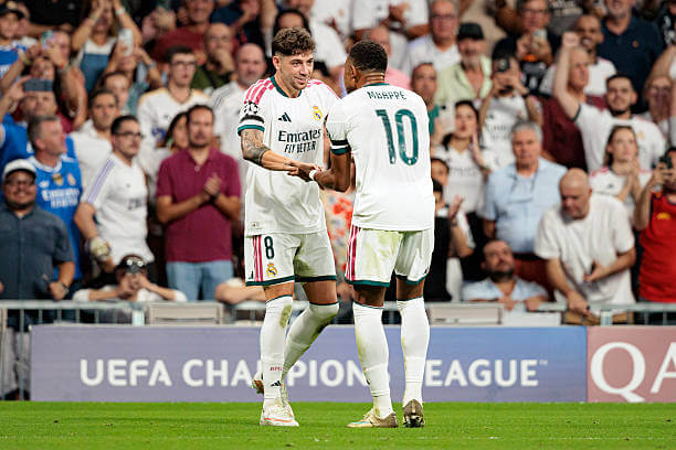 Real Madrid vs Inter Review: Federico Valverde and Kylian Mbappé celebrate during the UEFA Champions League 2026/27 League Phase MD1 match between Real Madrid and Inter at the Berabeu on September 08, 2026.