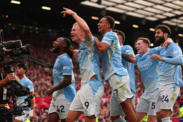 Manchester United vs Manchester City Review: Erling Haaland celebrates  with his teammates during the Premier League 2026/27 match between Manchester United and Manchester City at Old Trafford on September 13, 2026.