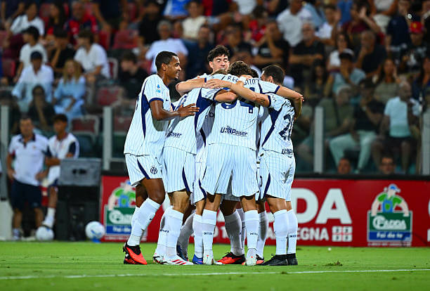 Serie A Roundup, Matchday 2: Hakan Calhanoglu celebrates with his teammates after scoring his goal during the Serie A match between Cagliari Calcio and Inter at Unipol Domus on August 30, 2026.
