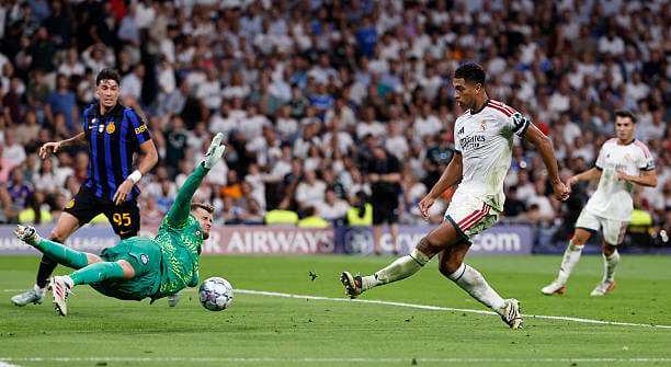 Real Madrid vs Inter Review: Jude Bellingham in action during the UEFA Champions League 2026/27 League Phase MD1 match between Real Madrid and Inter at the Berabeu on September 08, 2026.