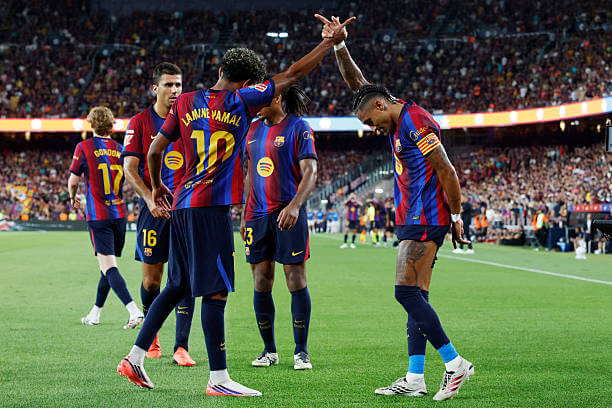 La Liga Roundup, Matchday 3: Raphinha celebrates his goal with Lamine Yamal during the LaLiga 2026/27 match between Barcelona and Rayo Vallecano at Camp Nou on August 31, 2026.